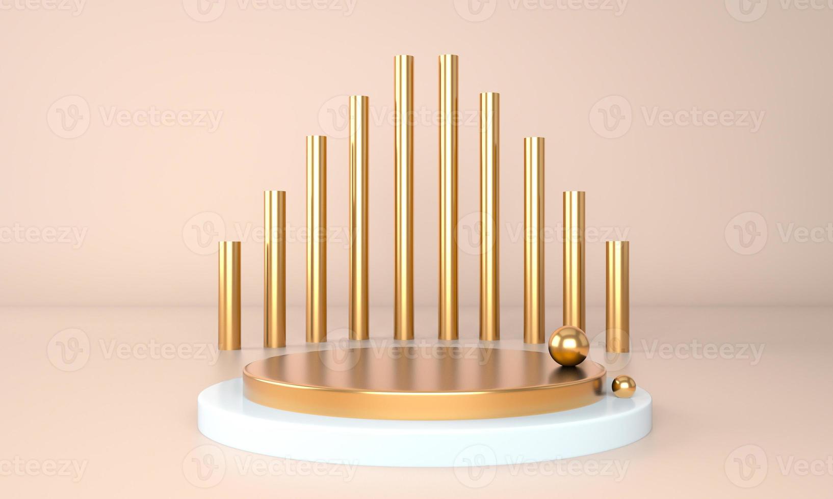 3d rendering studio with geometric shapes, podium on the floor. Platforms for product presentation, mock up background. photo