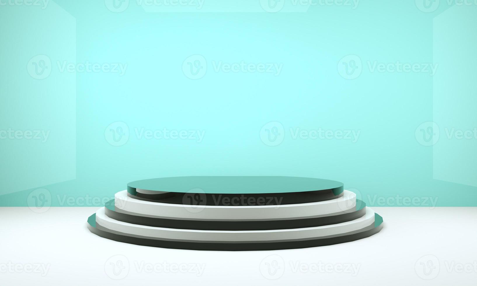 3d rendering studio with geometric shapes, podium on the floor. Platforms for product presentation, mock up background. photo