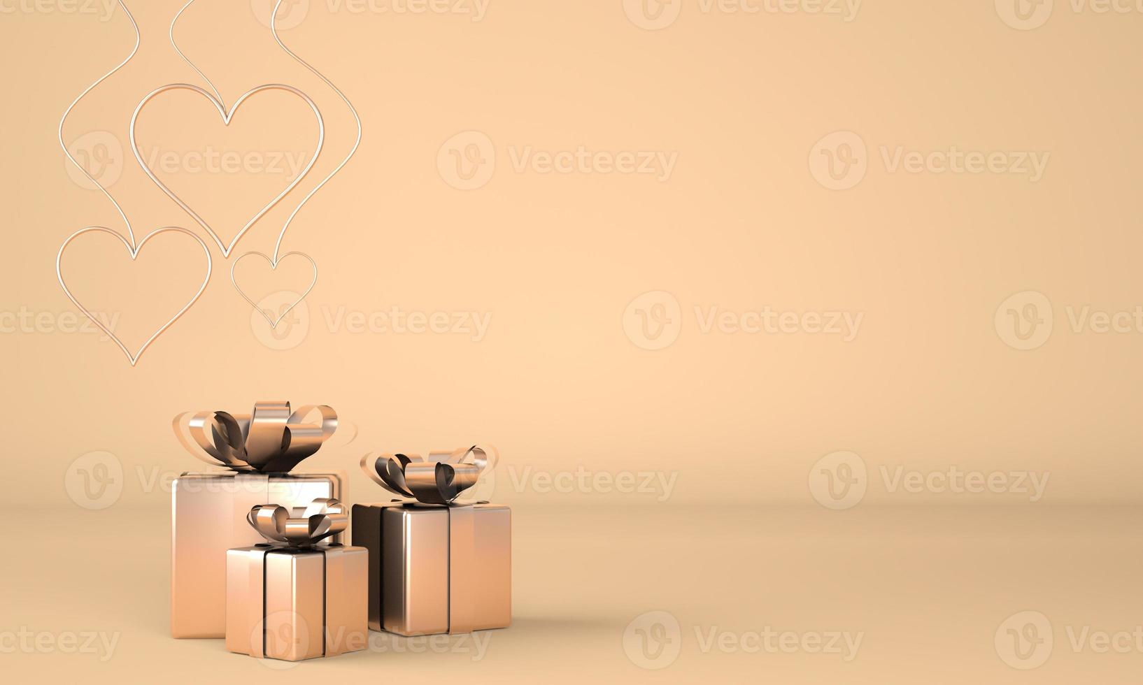 Valentine's Day. Background with realistic festive gifts box. Romantic present. Golden hearts. 3d. photo