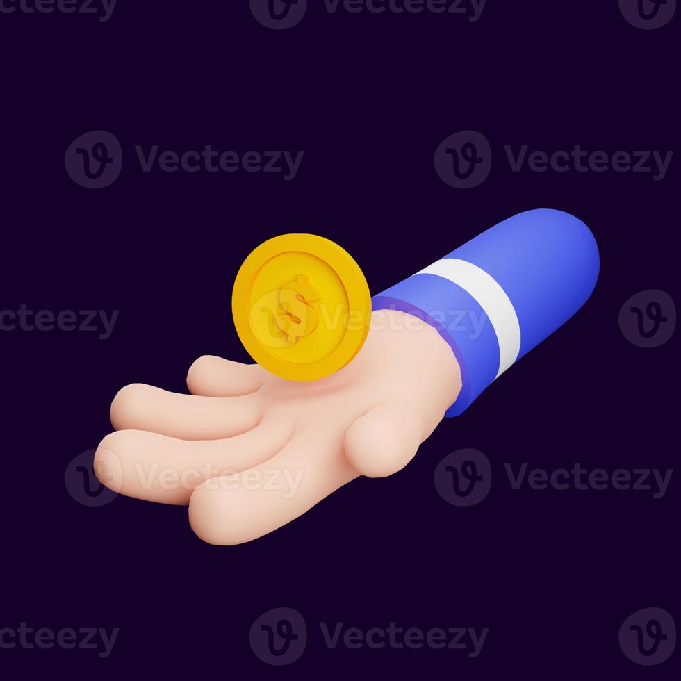 hand with dollar coin on dark background isolated. Scene for business, finance background. 3D render illustration. photo