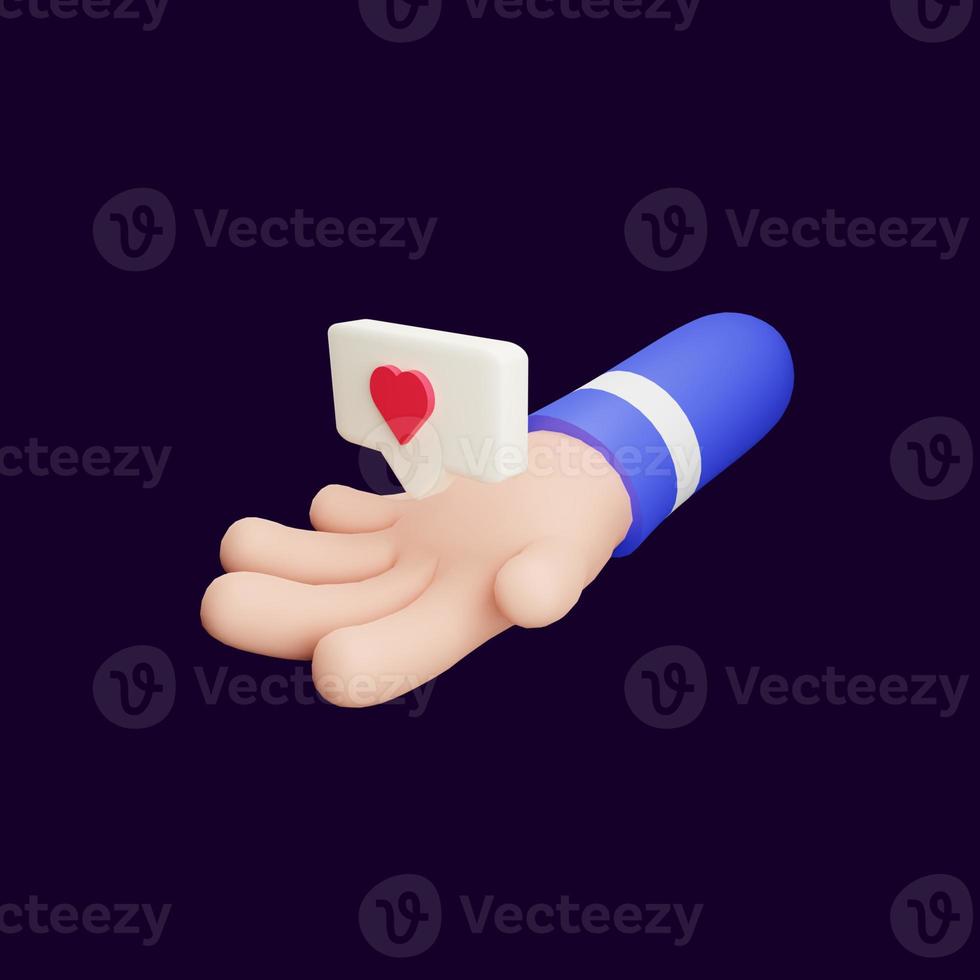 hand with love notification on dark background isolated. 3D render illustration. photo