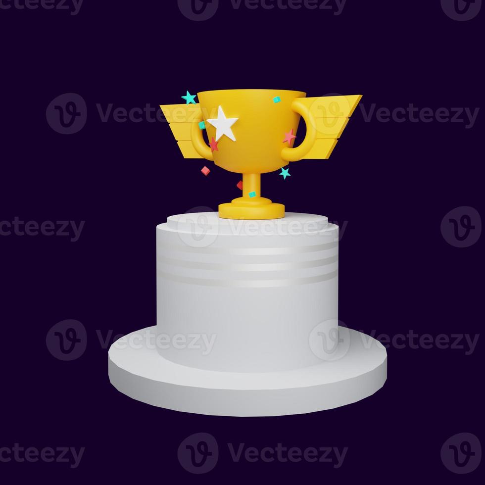 gold trophy with white podium on dark background isolated. Scene for award background. 3D render illustration. photo