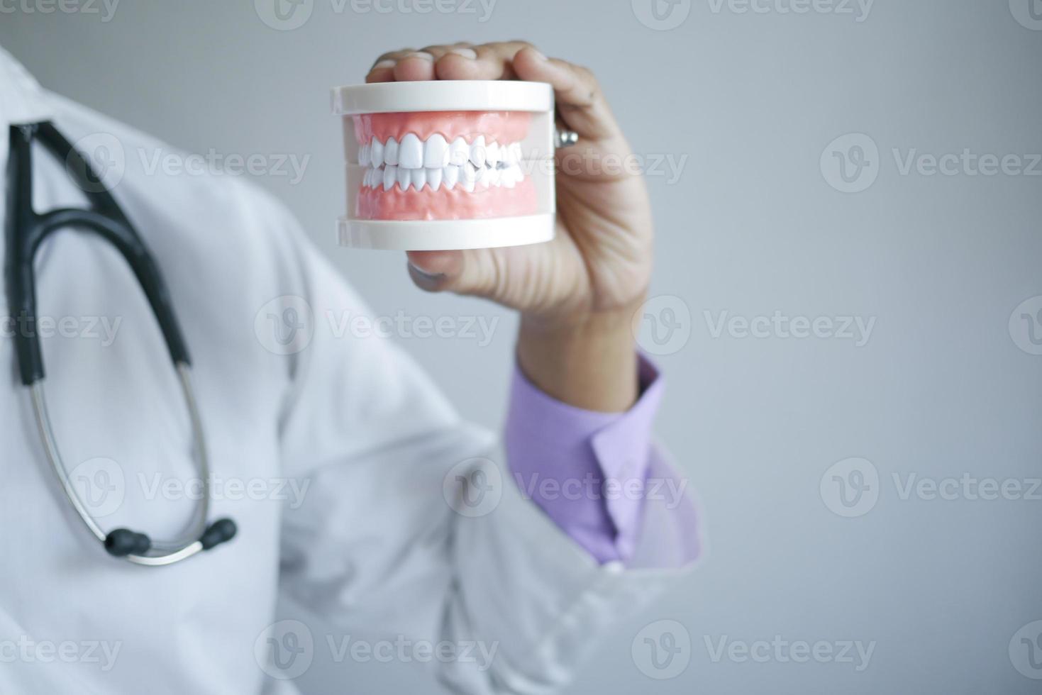 Doctor mano sujetando el modelo de dientes dentales de plástico en la mesa foto