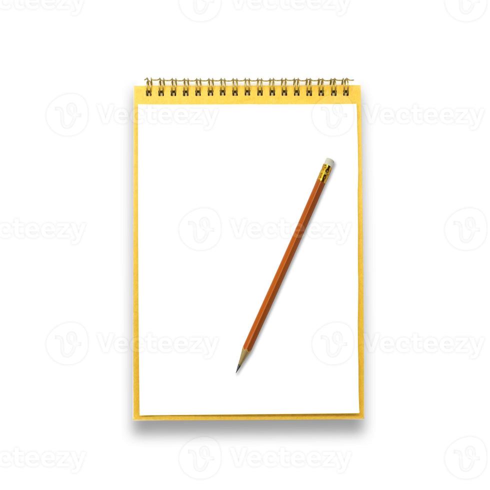 notebook and pencil  on white background photo