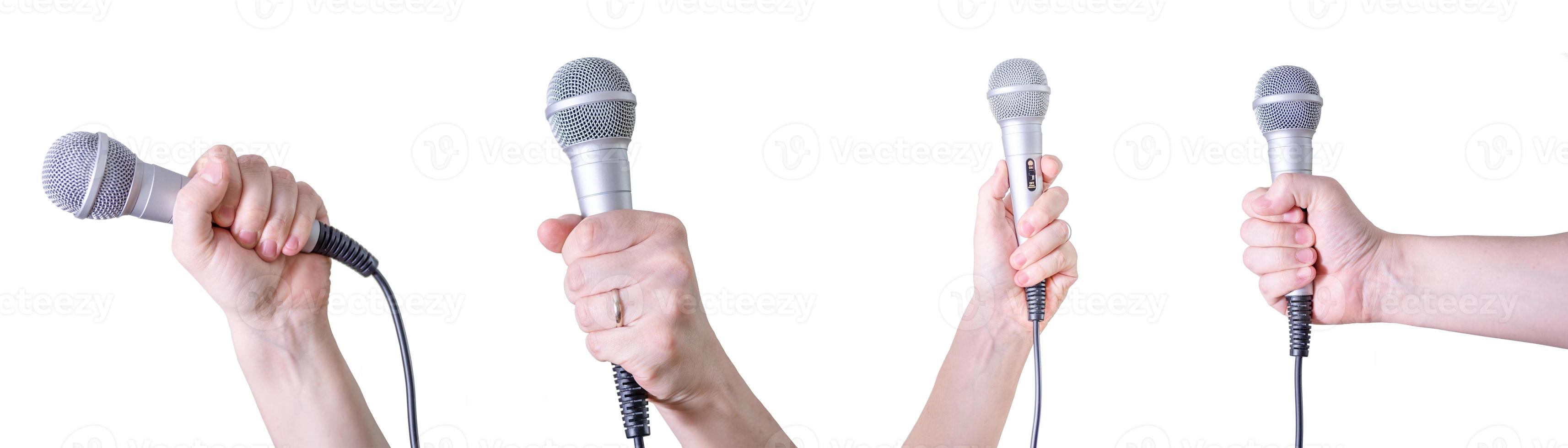 personas con diferentes micrófonos sobre fondo blanco, primer plano foto