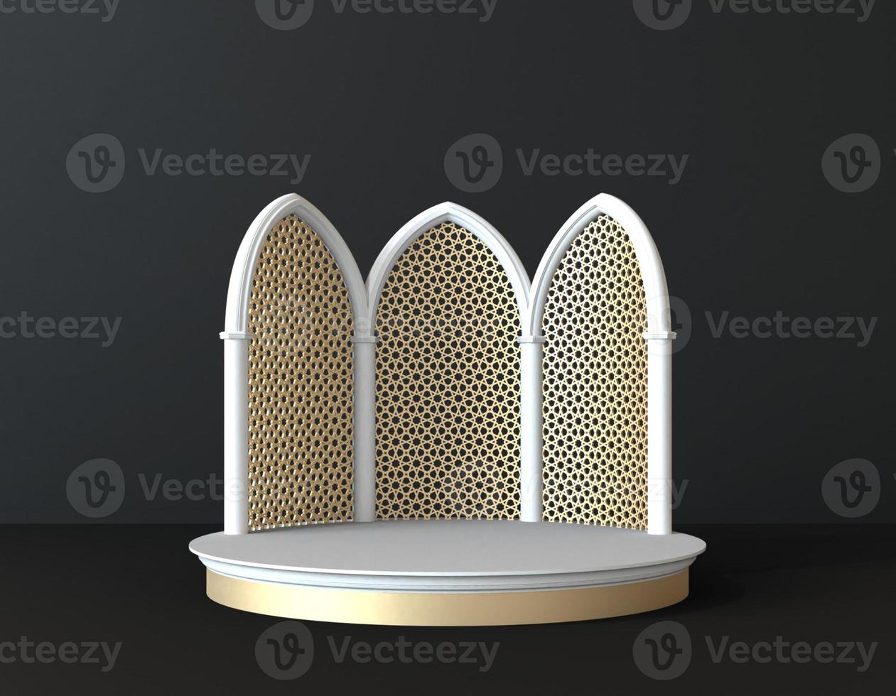 white and gold islamic 3d interior scene with pedestal in black background. stage to show cosmetic products 3d renderings photo