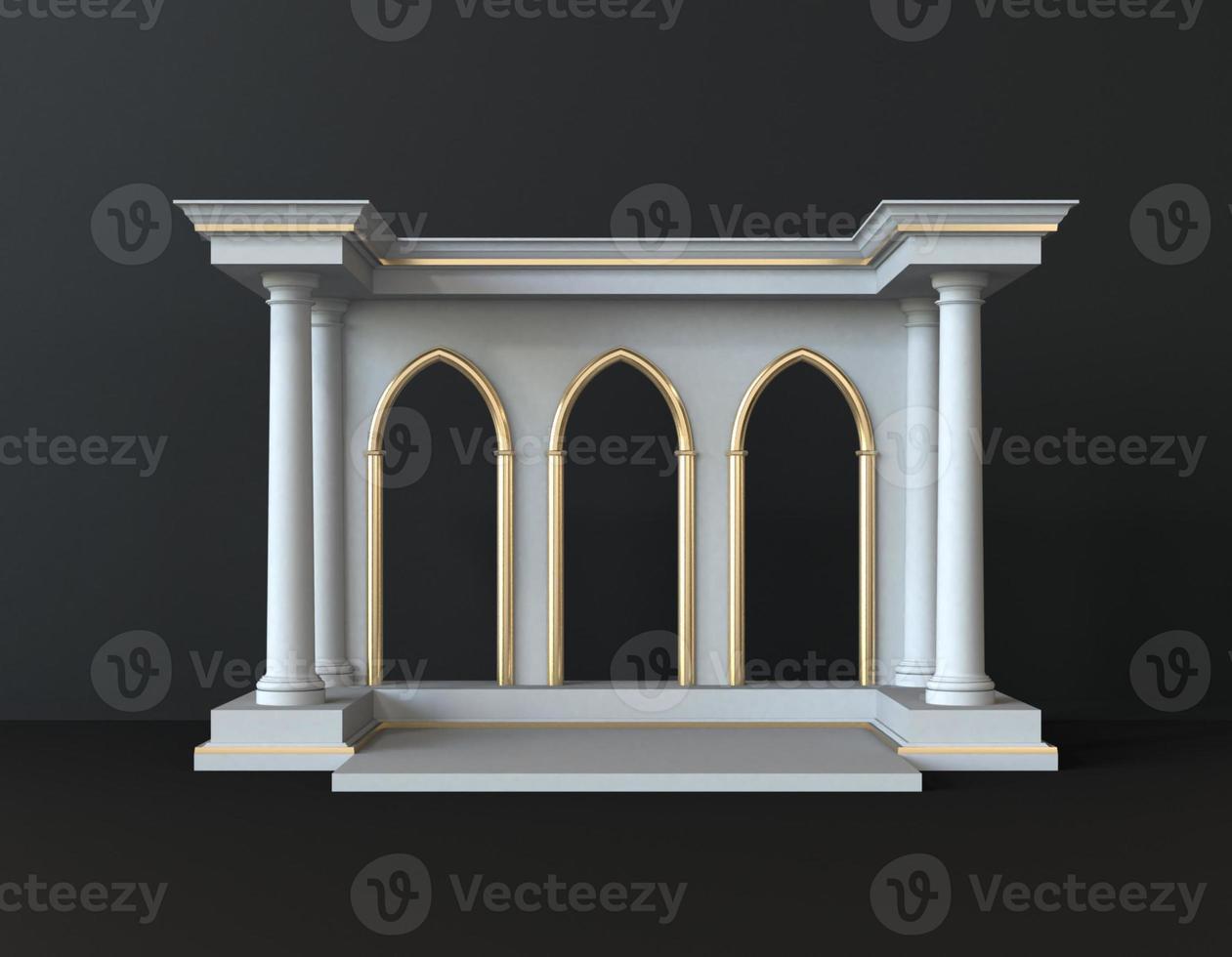 white and gold islamic 3d interior scene with pedestal in black background. stage to show cosmetic products 3d renderings photo
