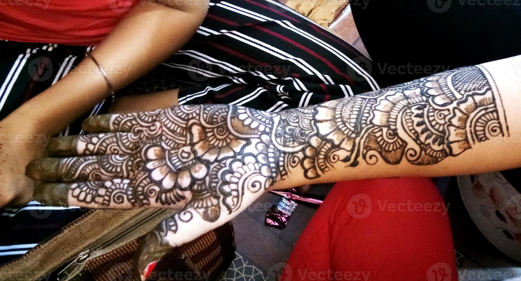 Popular Mehndi Designs for Hands or Hands painted with Mehandi Indian traditions photo