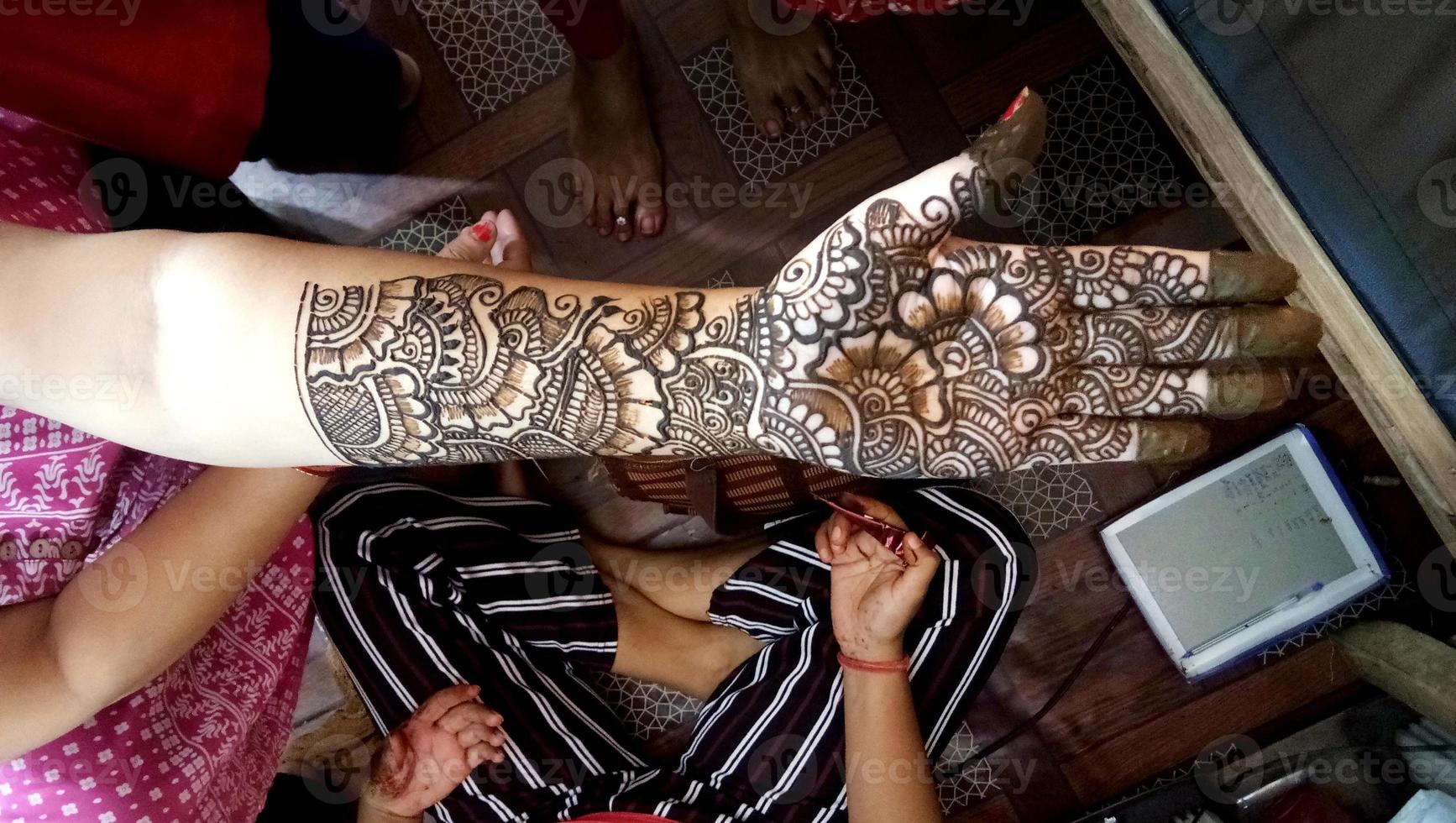 Popular Mehndi Designs for Hands or Hands painted with Mehandi Indian traditions photo