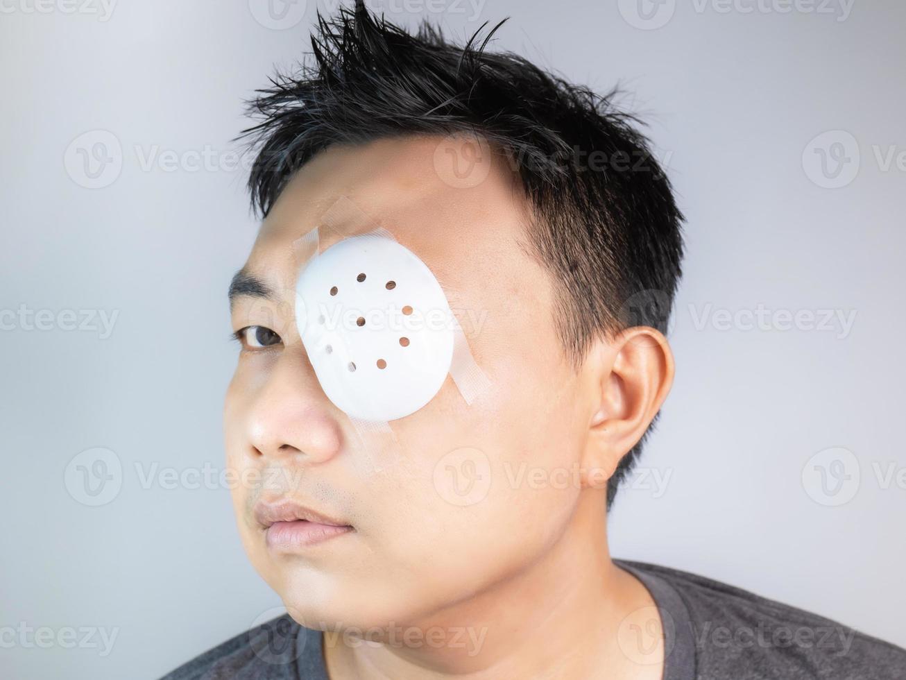 Asian men wear eye masks, sun protection, dust masks, masks after treatment or surgery, resulting in reduced vision even with small holes. Store in a cool dry place away from direct sunlight. photo