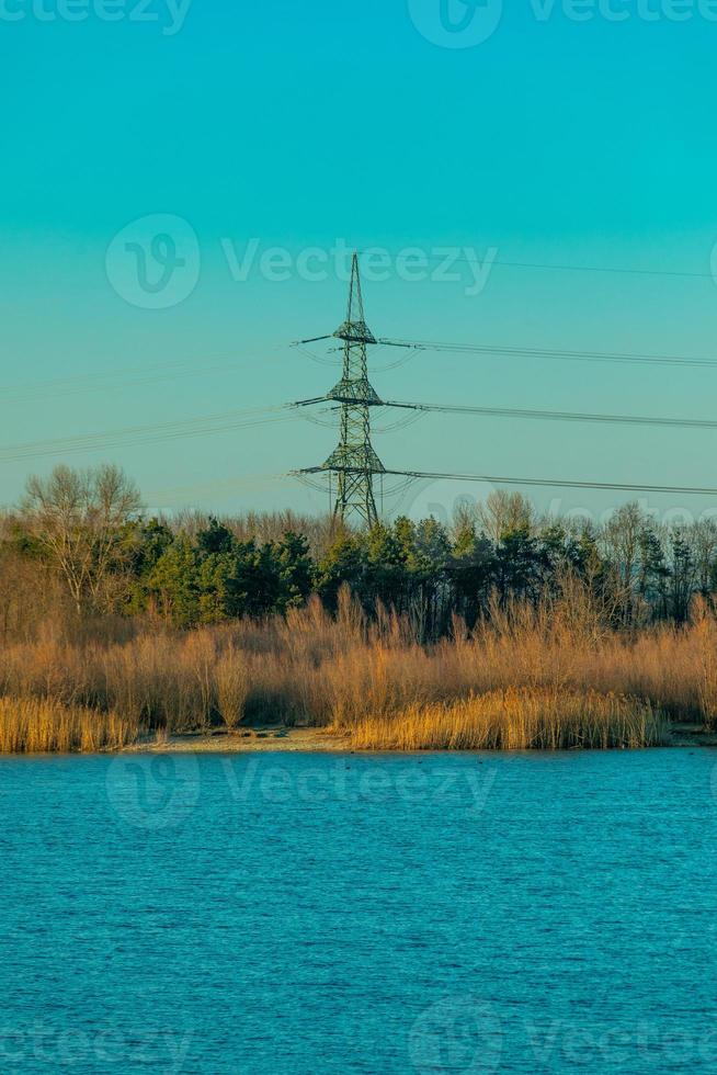 Power grid reaching over forest by blue lake photo