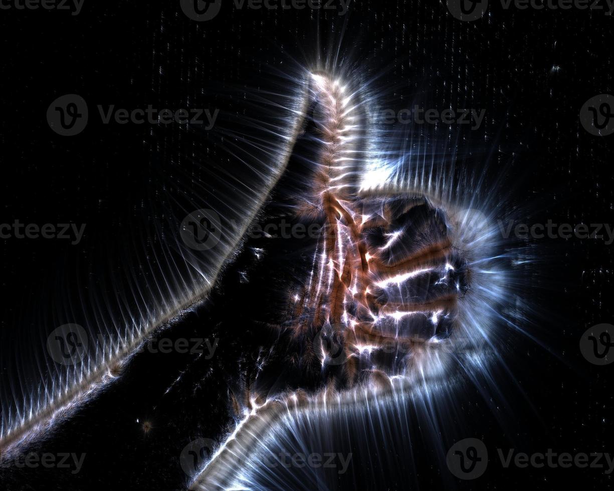 Ilustración 3d de una mano femenina humana brillante con un aura kirliana que muestra diferentes símbolos foto