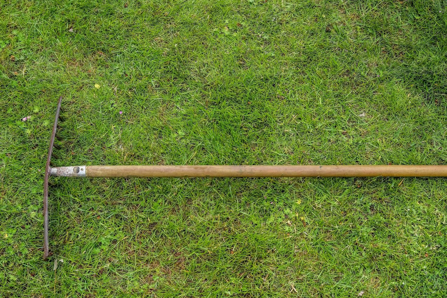 Gardening equipment on grass with empty space photo