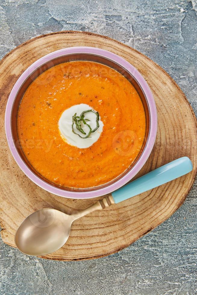 Red bell pepper and mascarpone soup. French gourmet food photo