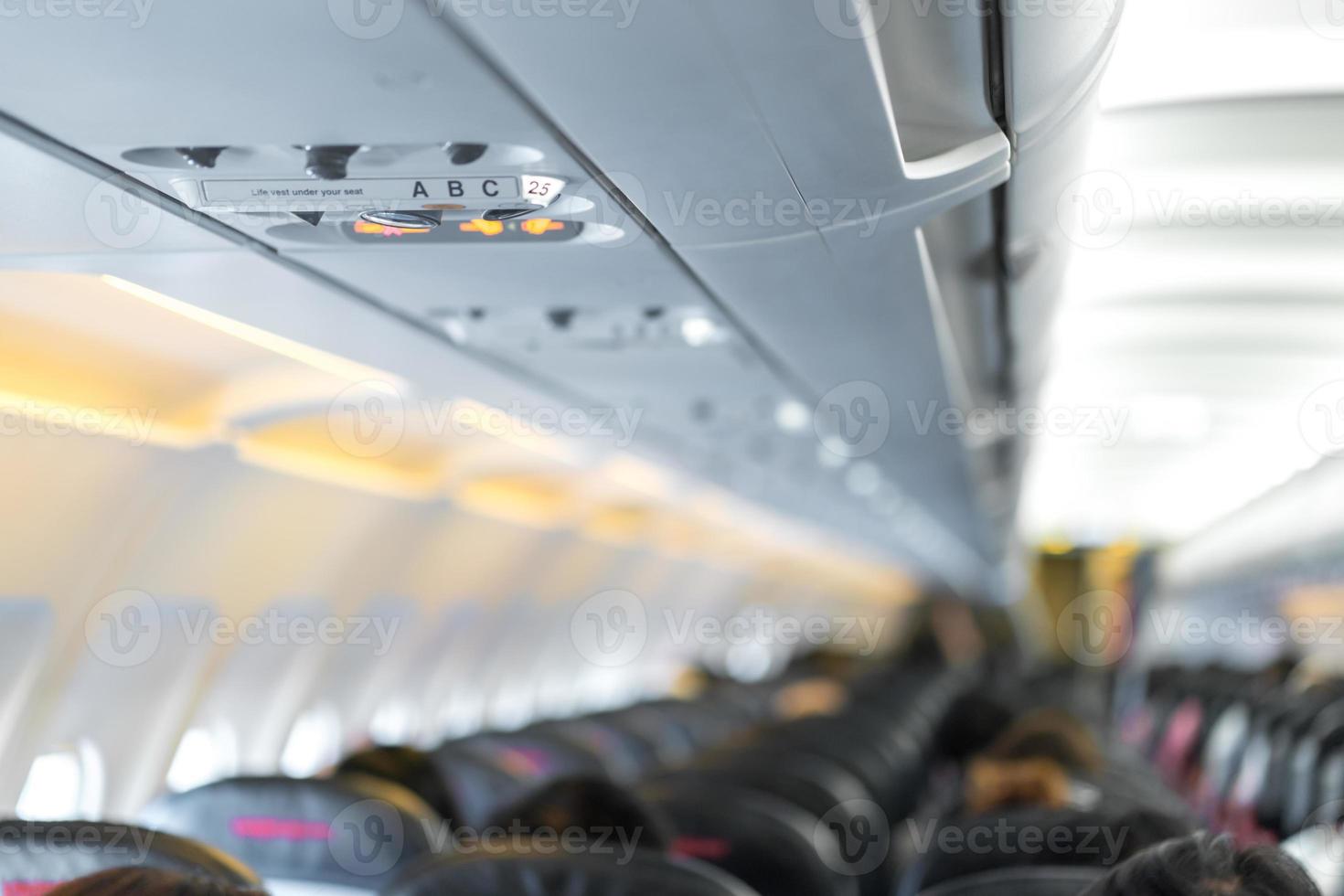 lámpara del panel de la consola del avión de primer plano, luz, botón de ayuda necesaria, aire acondicionado, cinturón de seguridad y señal de iluminación de no fumar. foto