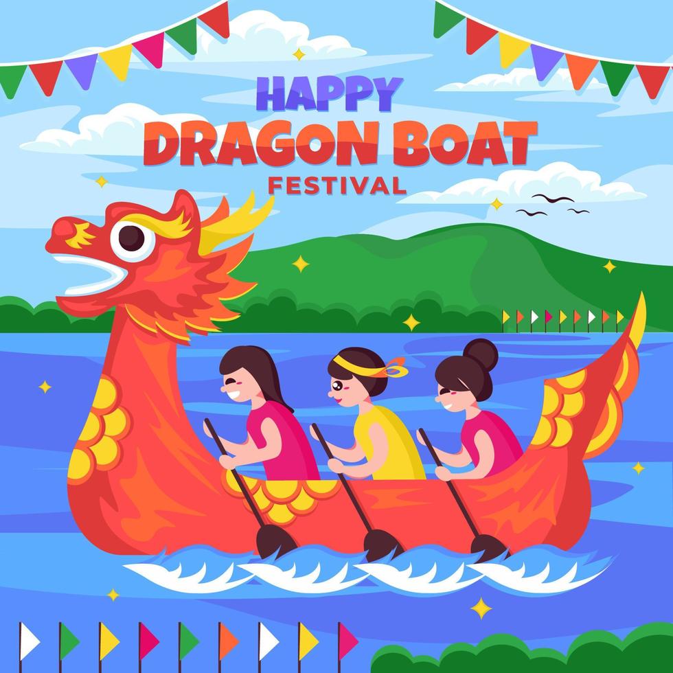 las niñas celebran el festival del bote del dragón vector