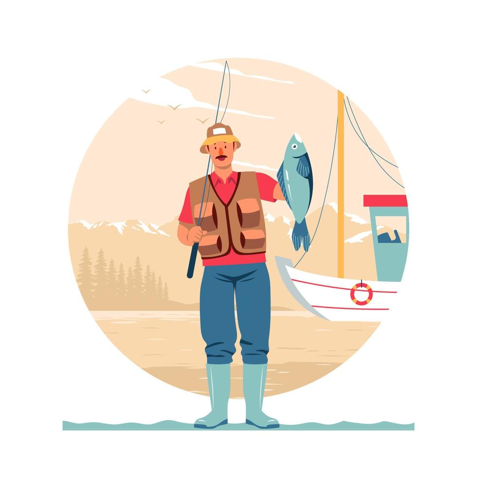 Fisherman Catch a Fish Concept vector