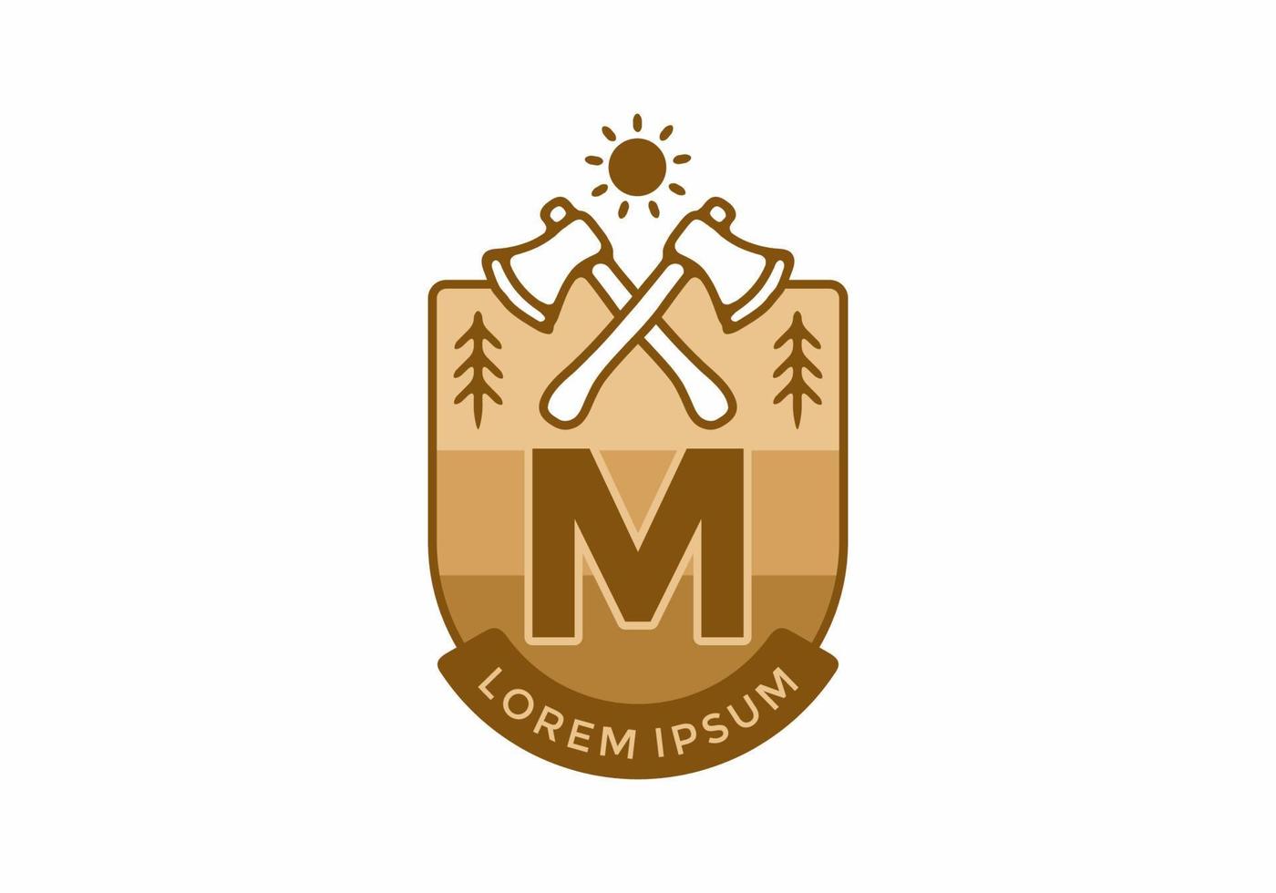 Line art illustration of camping ax with M initial letter vector