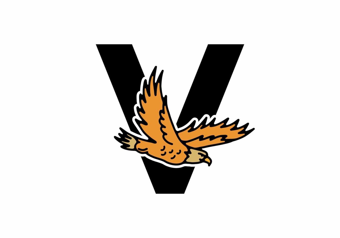 Line art illustration of flying eagle with V initial letter vector