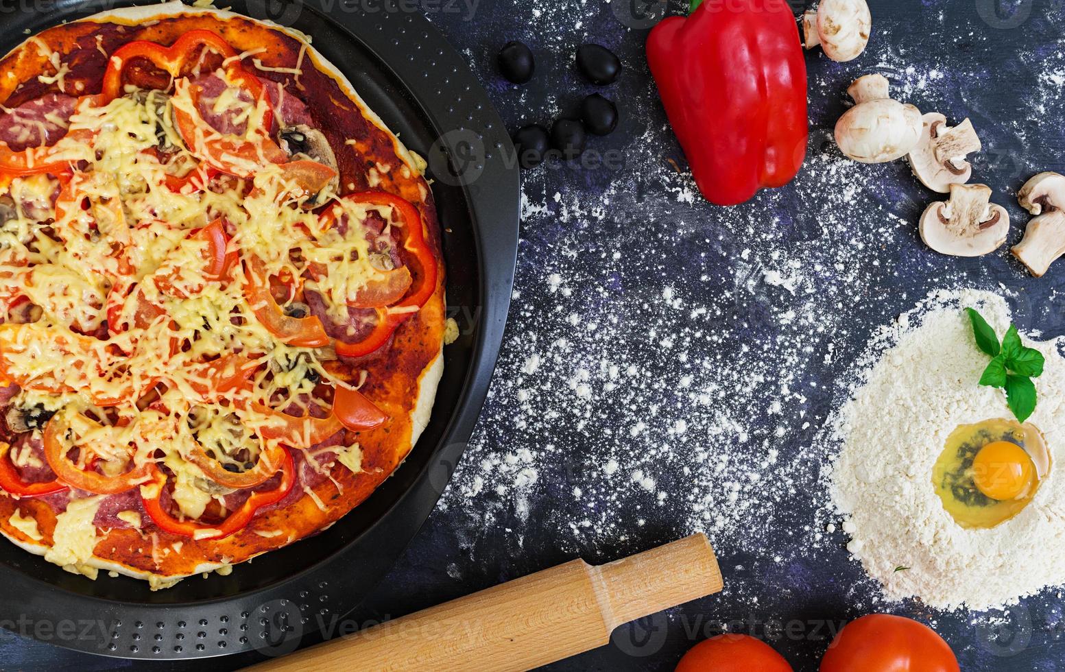 Raw pizza dough with ingredients and spices on dark background. Top view photo