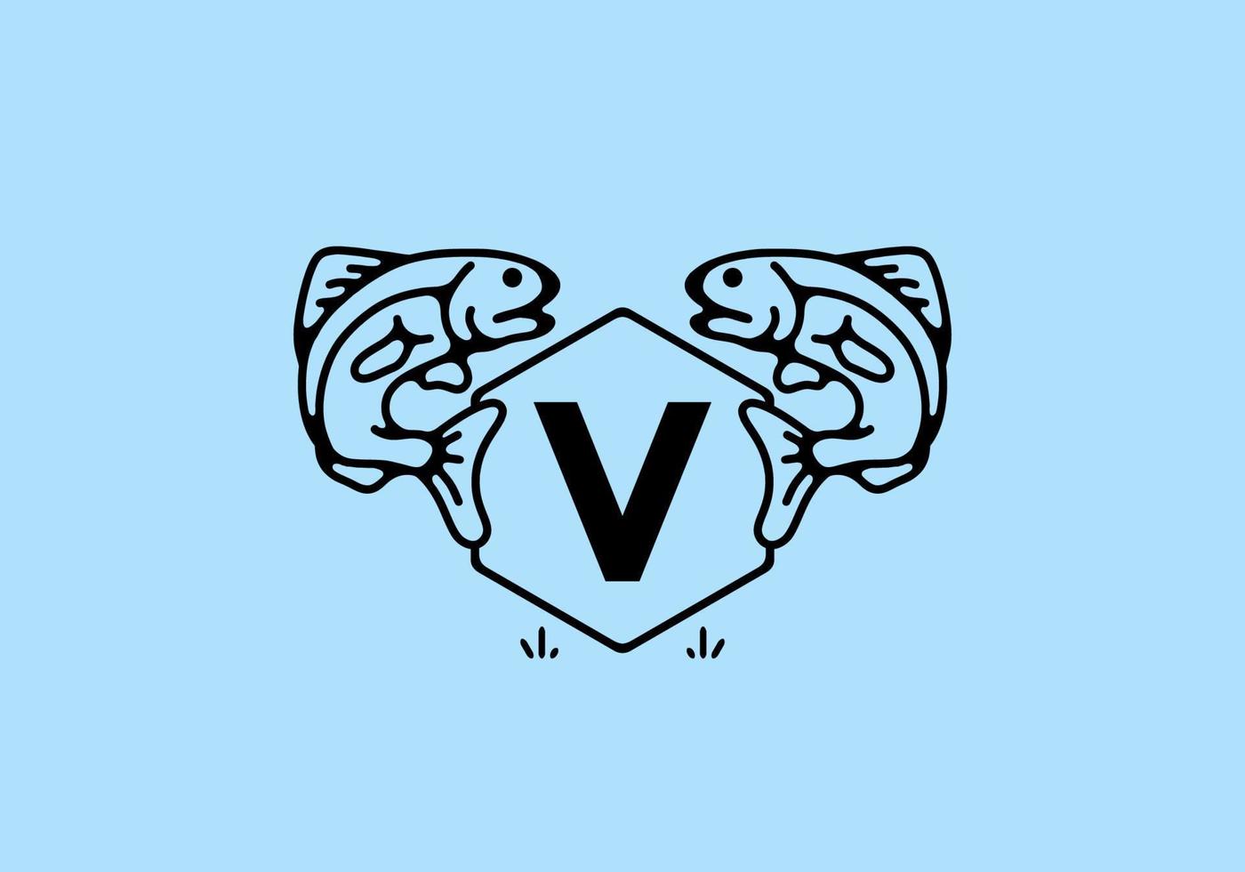 Line art illustration of fish frame with initial letter vector