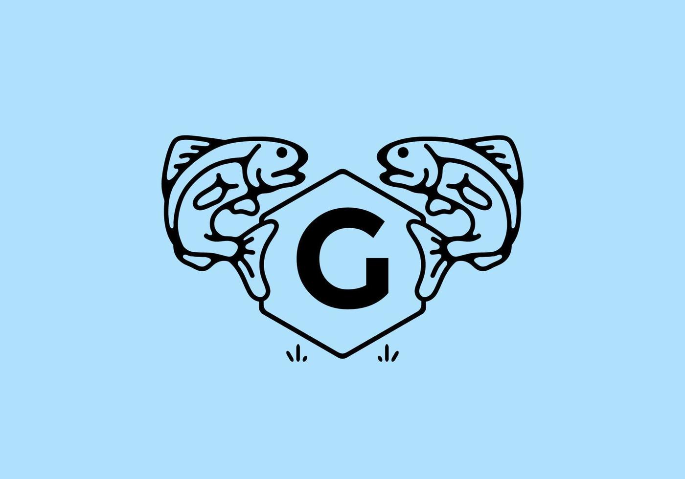 Line art illustration of fish frame with initial letter vector