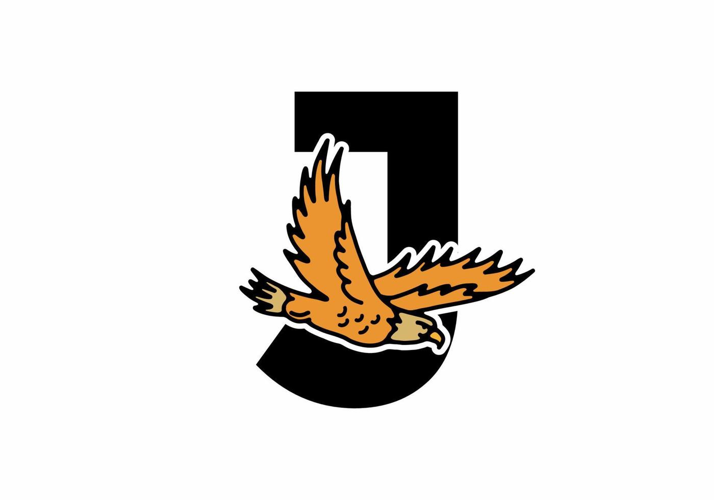 Line art illustration of flying eagle with J initial letter vector
