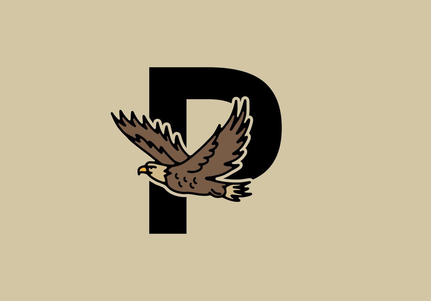 Line art illustration of flying eagle with P initial letter vector