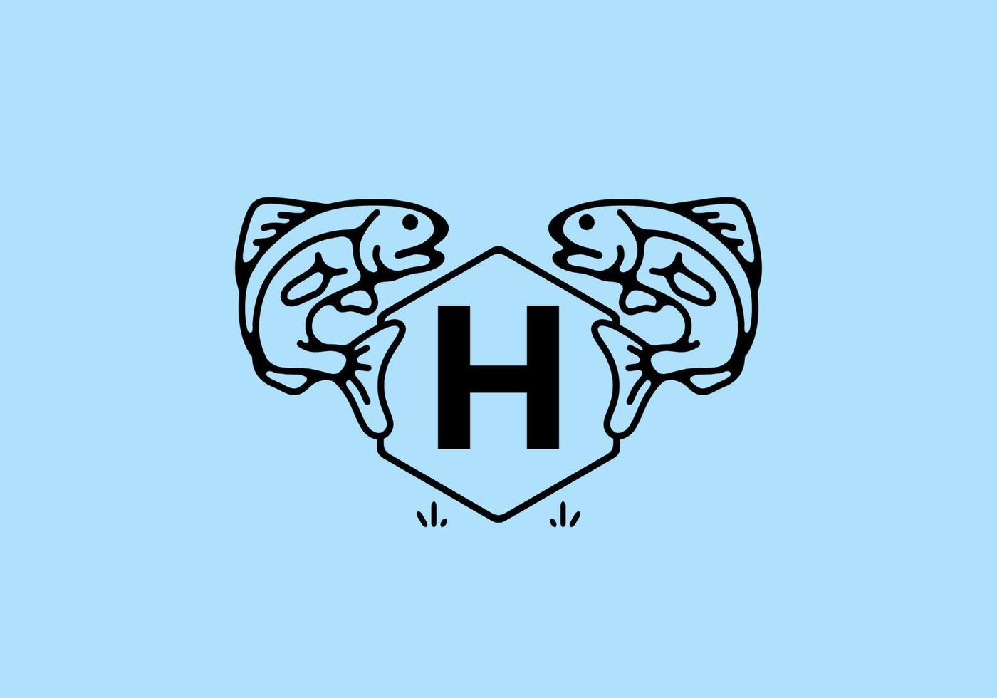 Line art illustration of fish frame with initial letter vector