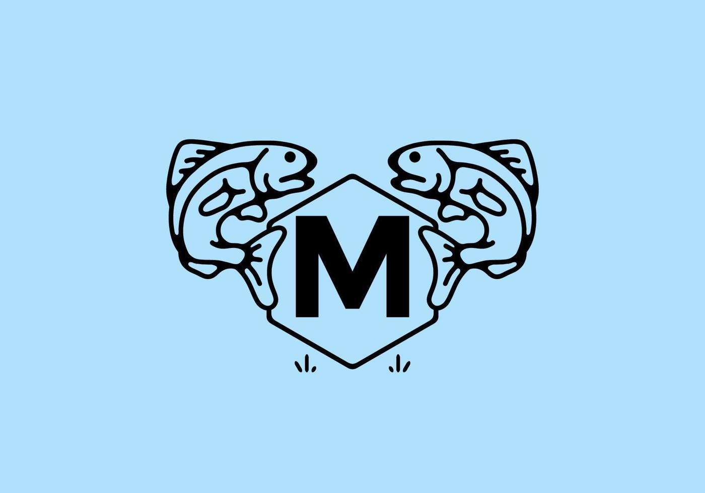 Line art illustration of fish frame with initial letter vector
