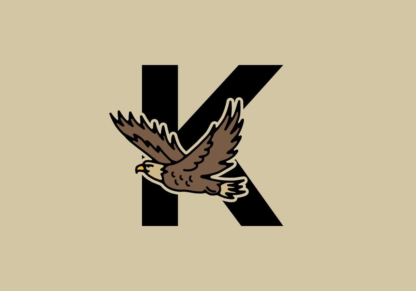 Line art illustration of flying eagle with K initial letter vector