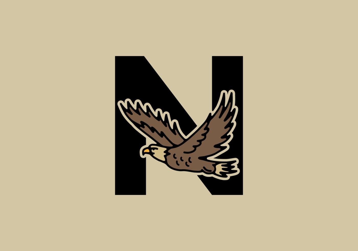 Line art illustration of flying eagle with N initial letter vector