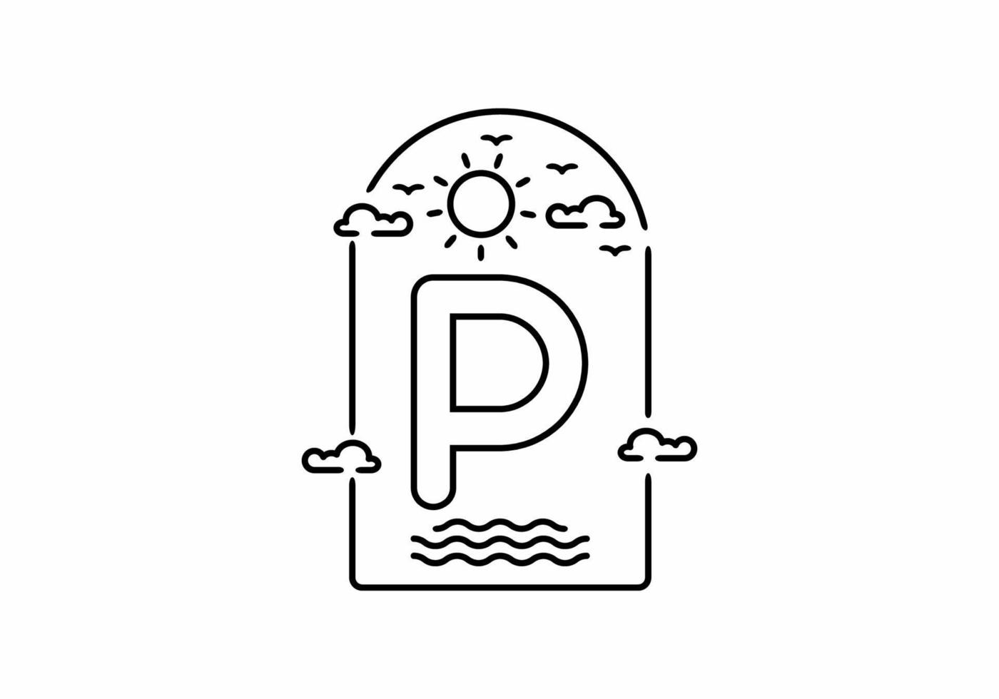Line art illustration of beach with P initial name vector