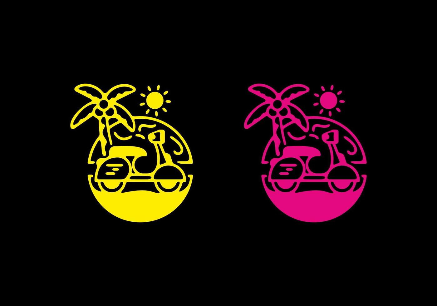 ilustración de arte de línea de scooter en la playa amarilla y rosa vector