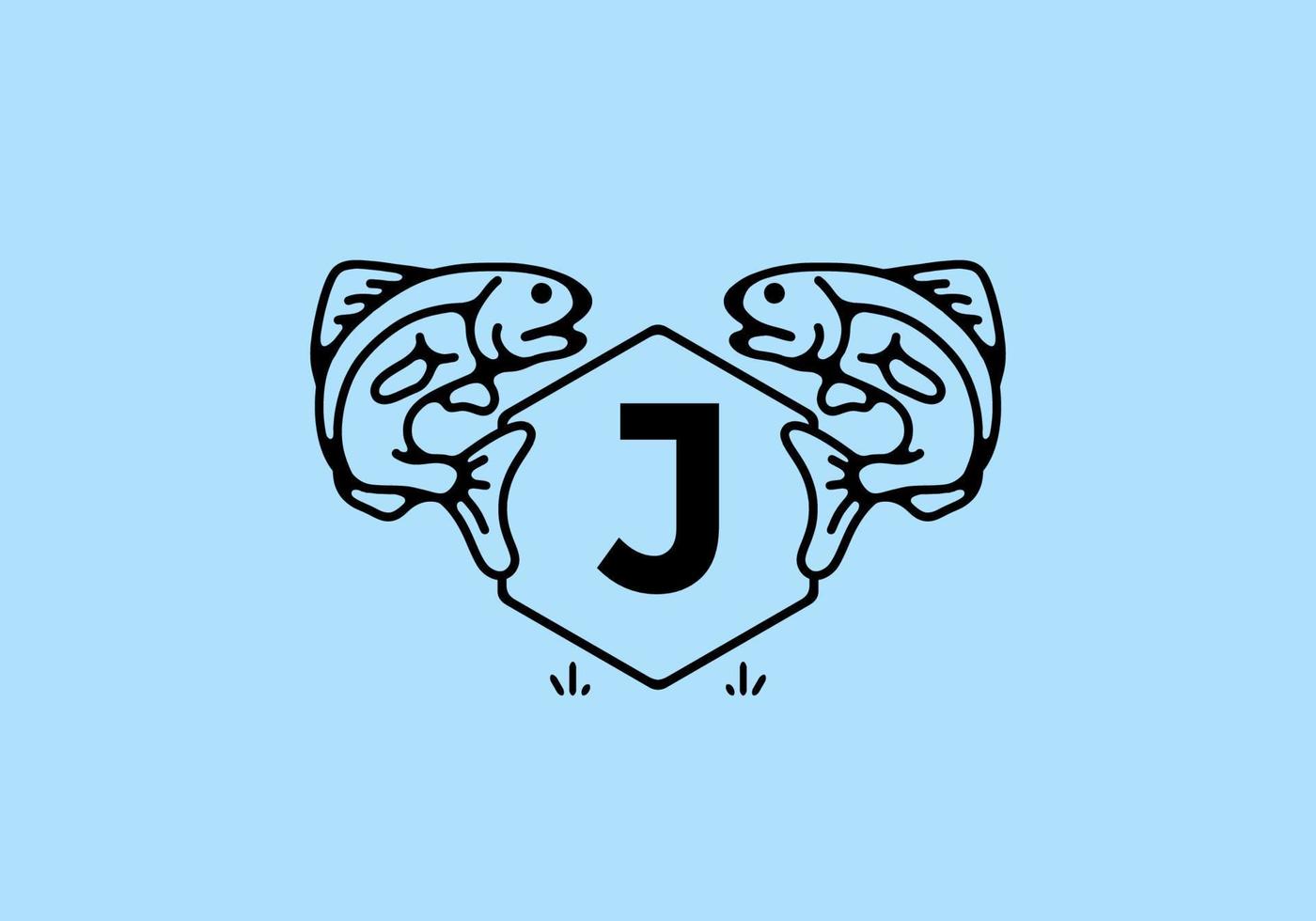 Line art illustration of fish frame with initial letter vector