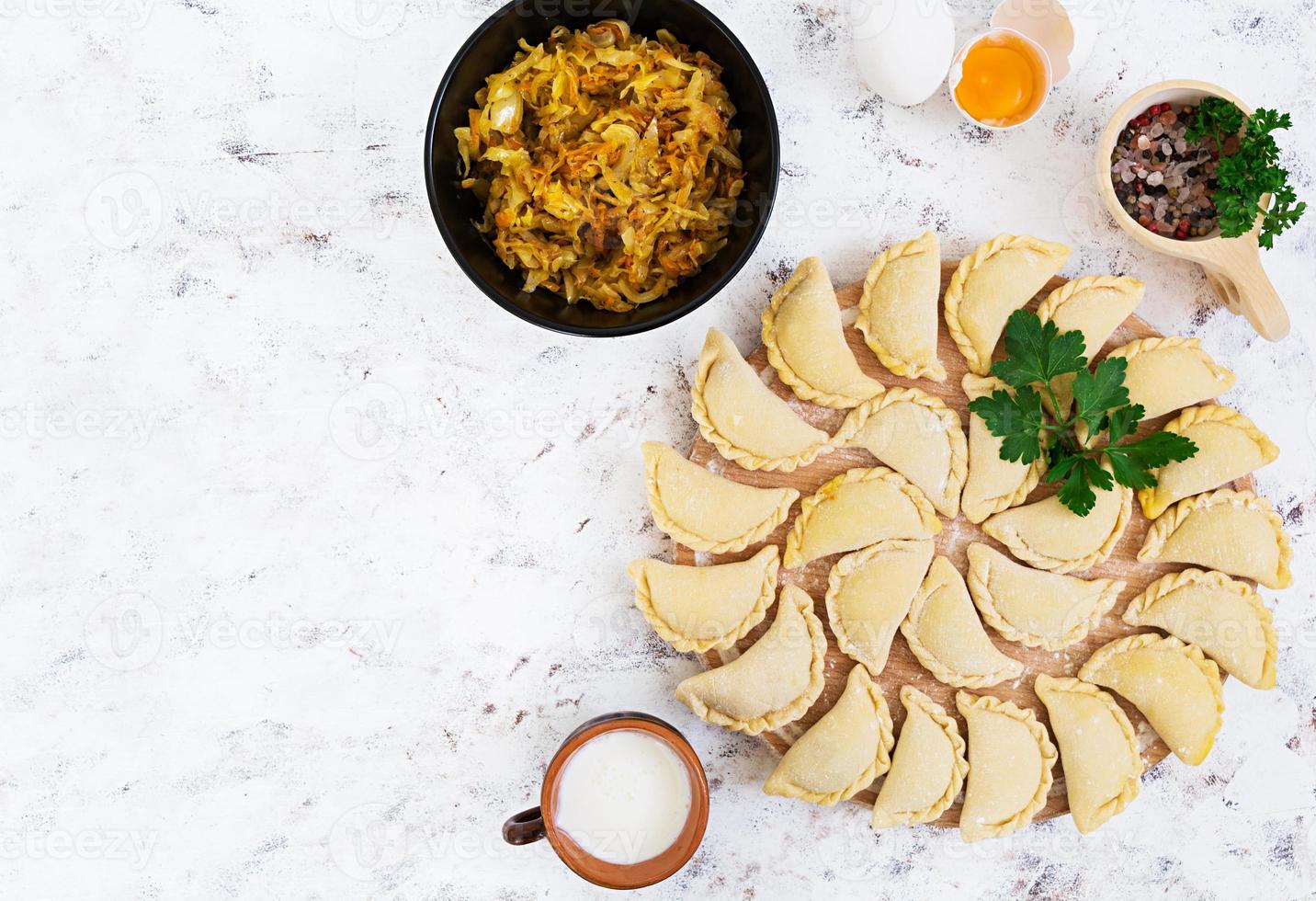 Delicious dumplings with cabbage on white background. Top view photo