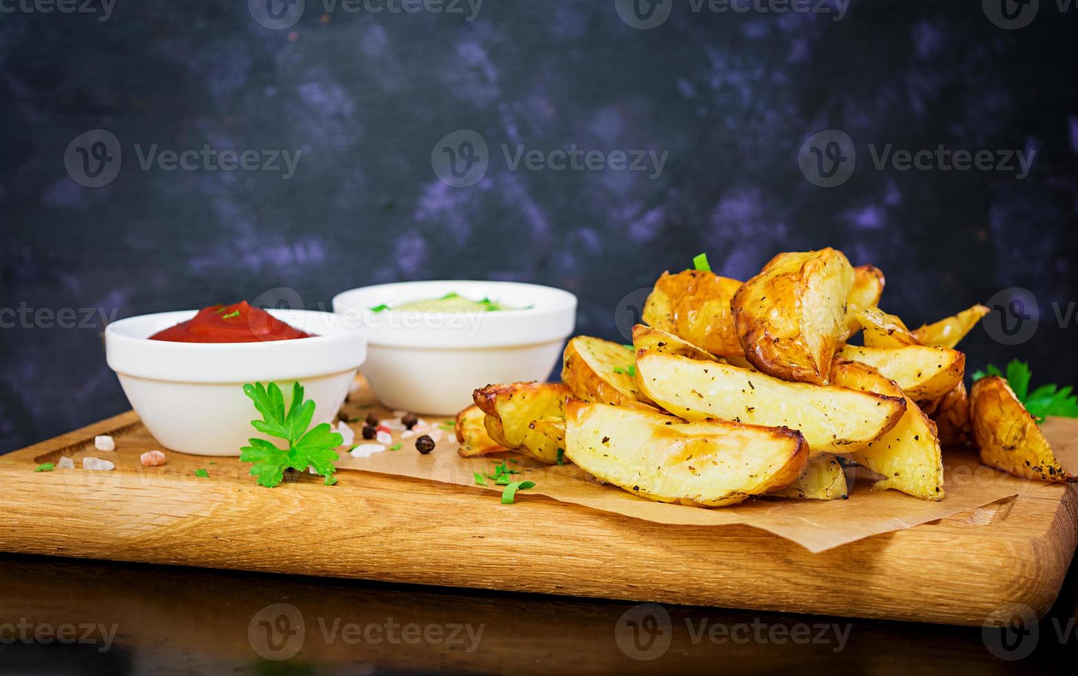 Baked potato with sauce and spices on dark background photo