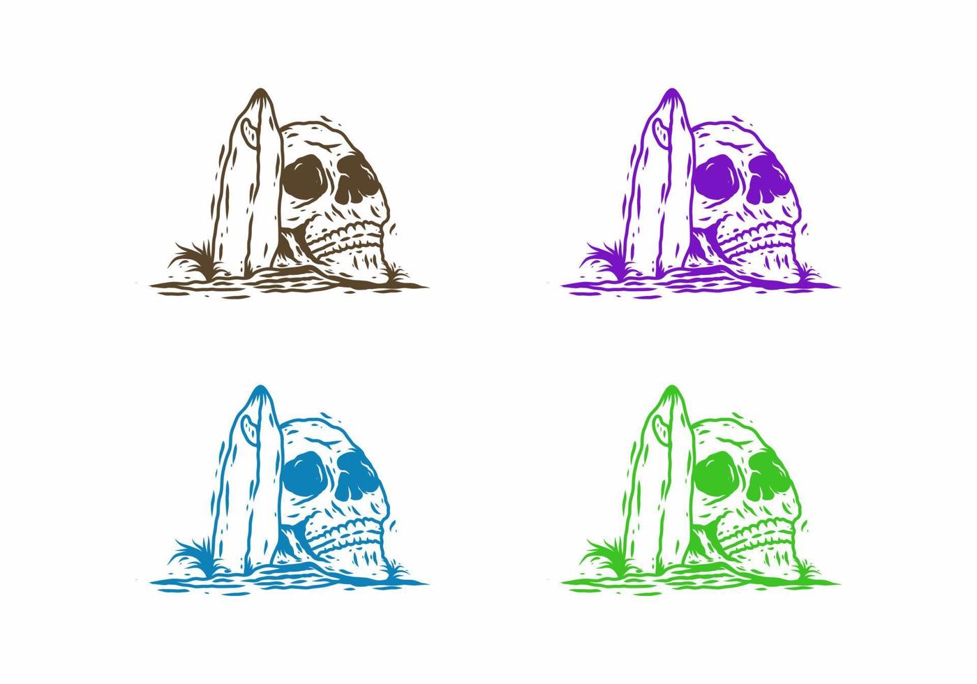 Line art drawing of skull head and surfing board in four color variation vector