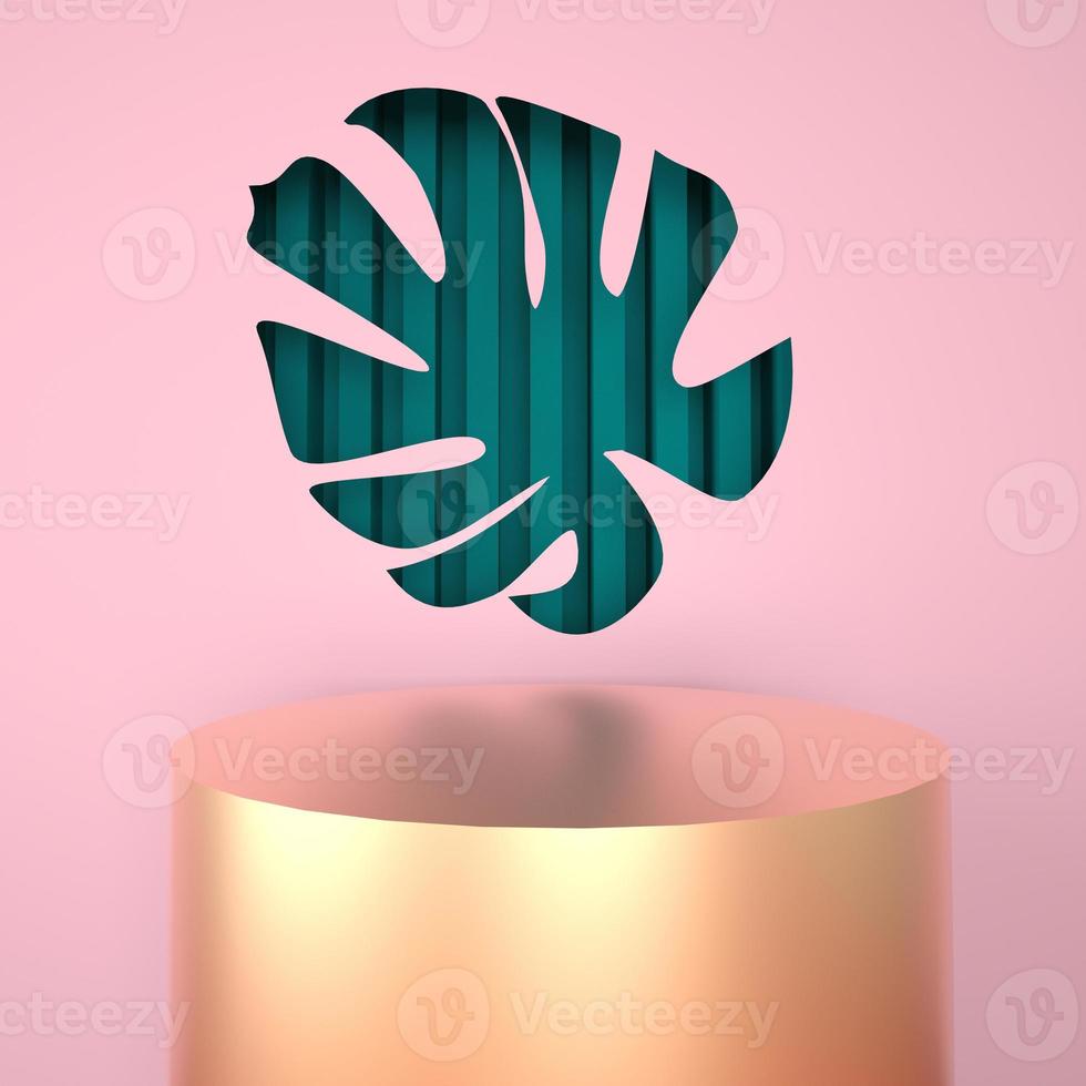 Mockup, podium, display with monstera leaves tropical plant background, 3d render photo