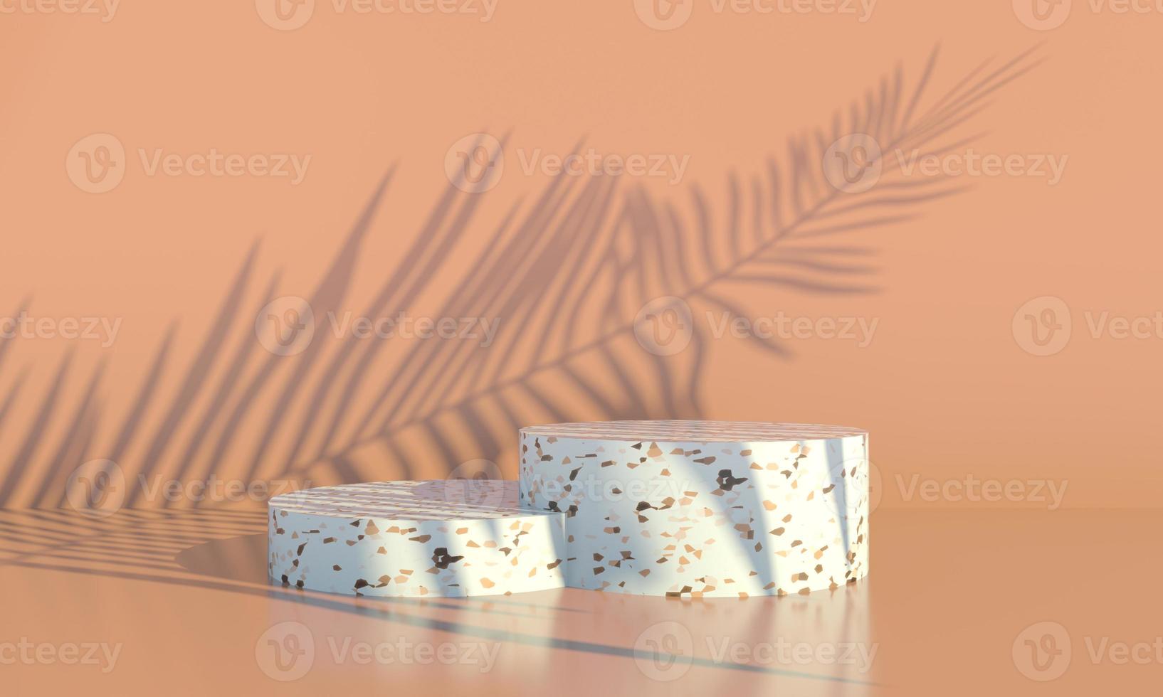 Podium with palm leaves on pastel background. Concept scene stage showcase for product, promotion, sale, banner, presentation, cosmetic. Minimal showcase empty mock up. 3d photo