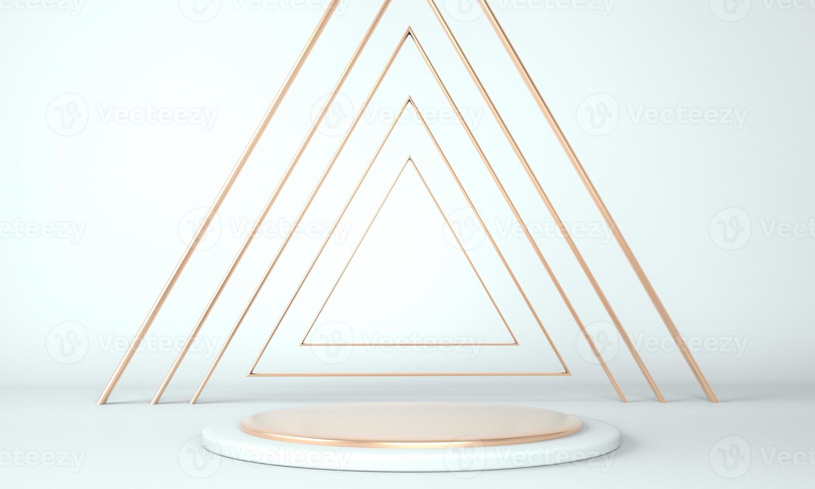 3d rendering studio with geometric shapes, podium on the floor. Platforms for product presentation, mock up background. photo