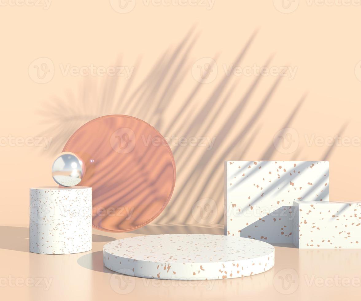 Minimal scene with geometrical forms, podiums in cream background with shadows. Scene to show cosmetic product, Showcase, shopfront, display case. 3d photo