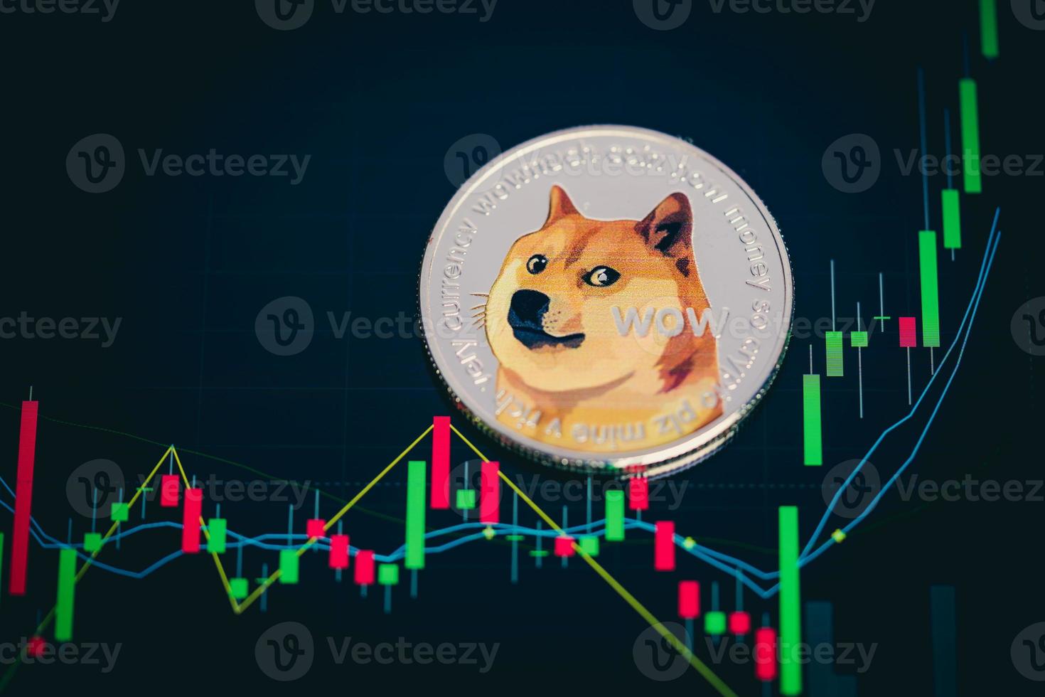 Dogecoin cryptocurrency silver symbol and stock chart candlestick on tablets. with Capital Gain, Fundamental. photo