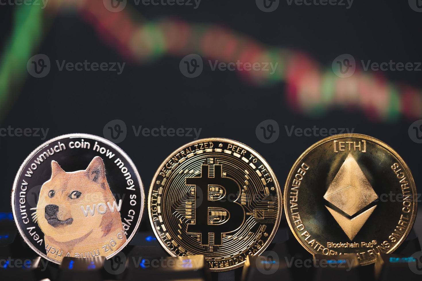 Dogecoin DOGE, Ethereum ETH, Bitcoin BTC group included cryptocurrency and stock chart candlestick down trend lose stock on computer keyboard. Use technology cryptocurrency blockchain. close up coin. photo