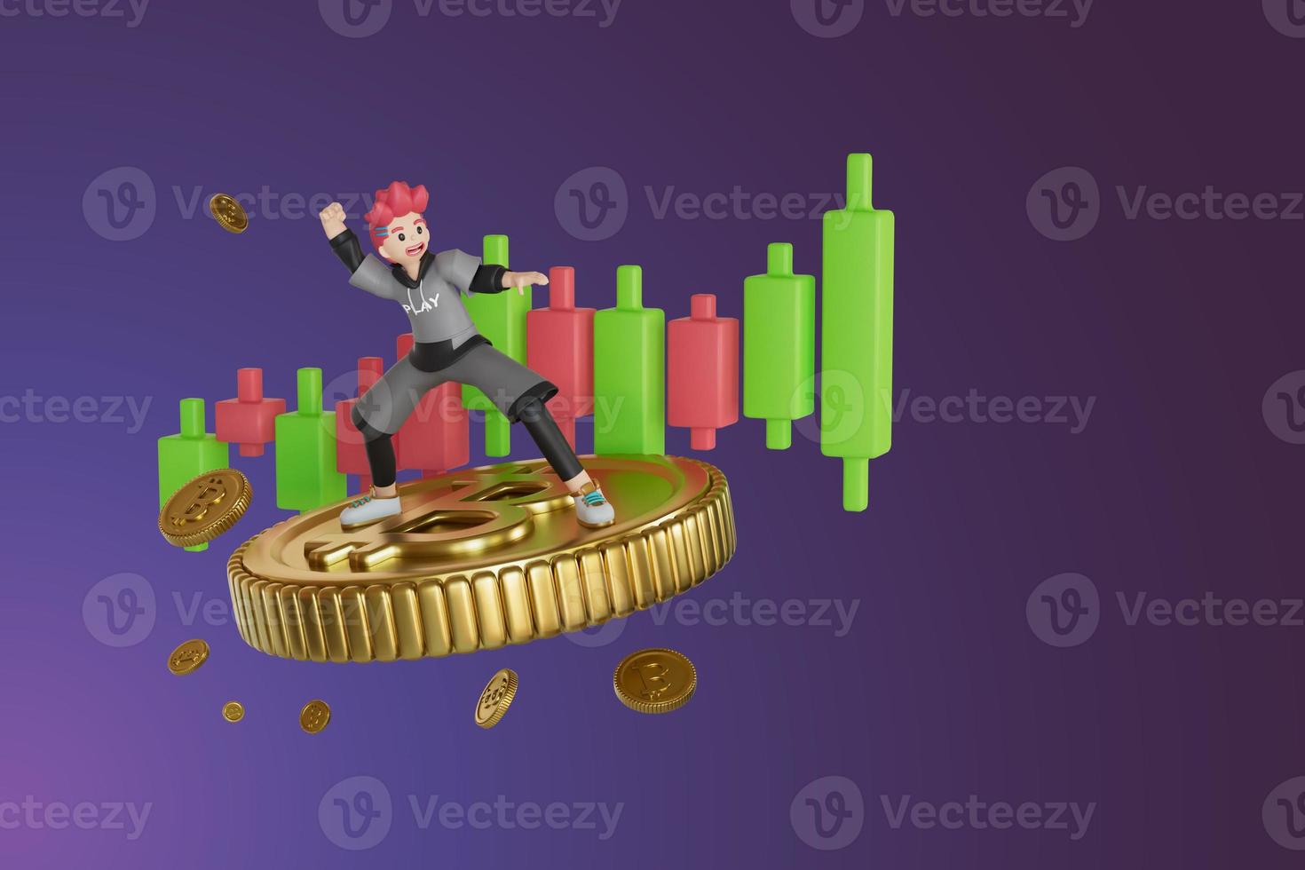 men standing on crypto coin, the graph is rising. and with coins scattered behind 3D, Render, illustration photo