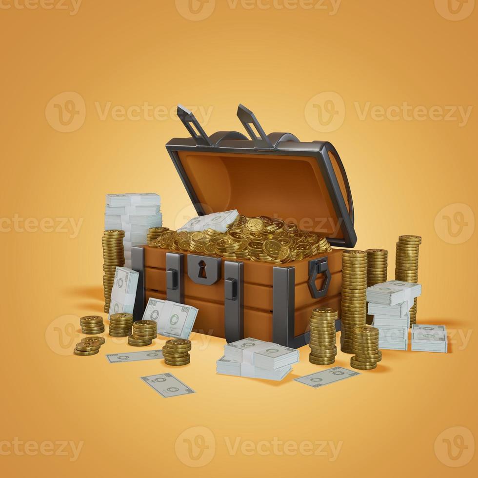 Lots of crypto coin treasure boxes 3D, Render, illustration photo