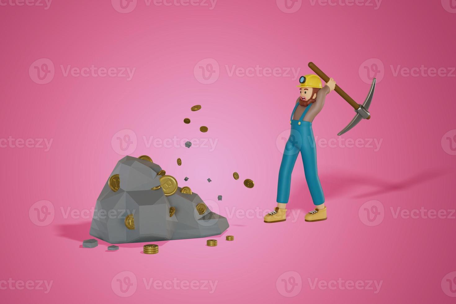 men holding pickaxe crypto coin mining on rocks 3D, Render, illustration photo