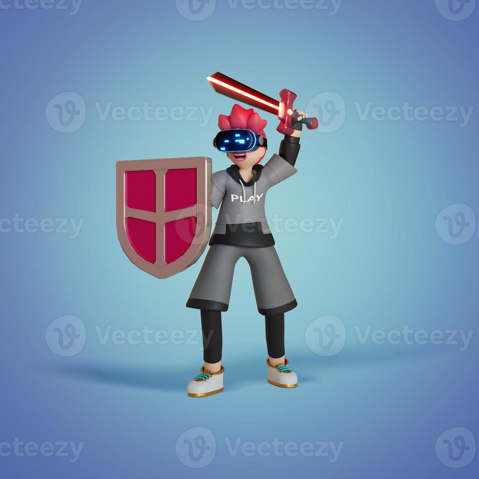 men standing use VR holding swords and shield. Play the game on the Earth of Metaverse. To receive Awards ,portrait, 3D, Render, illustration ,portrait, 3D, Render, illustration photo