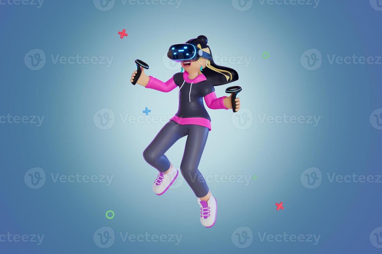 women using VR and controller In the world of Metaverse, portrait, 3D, Render, illustration photo