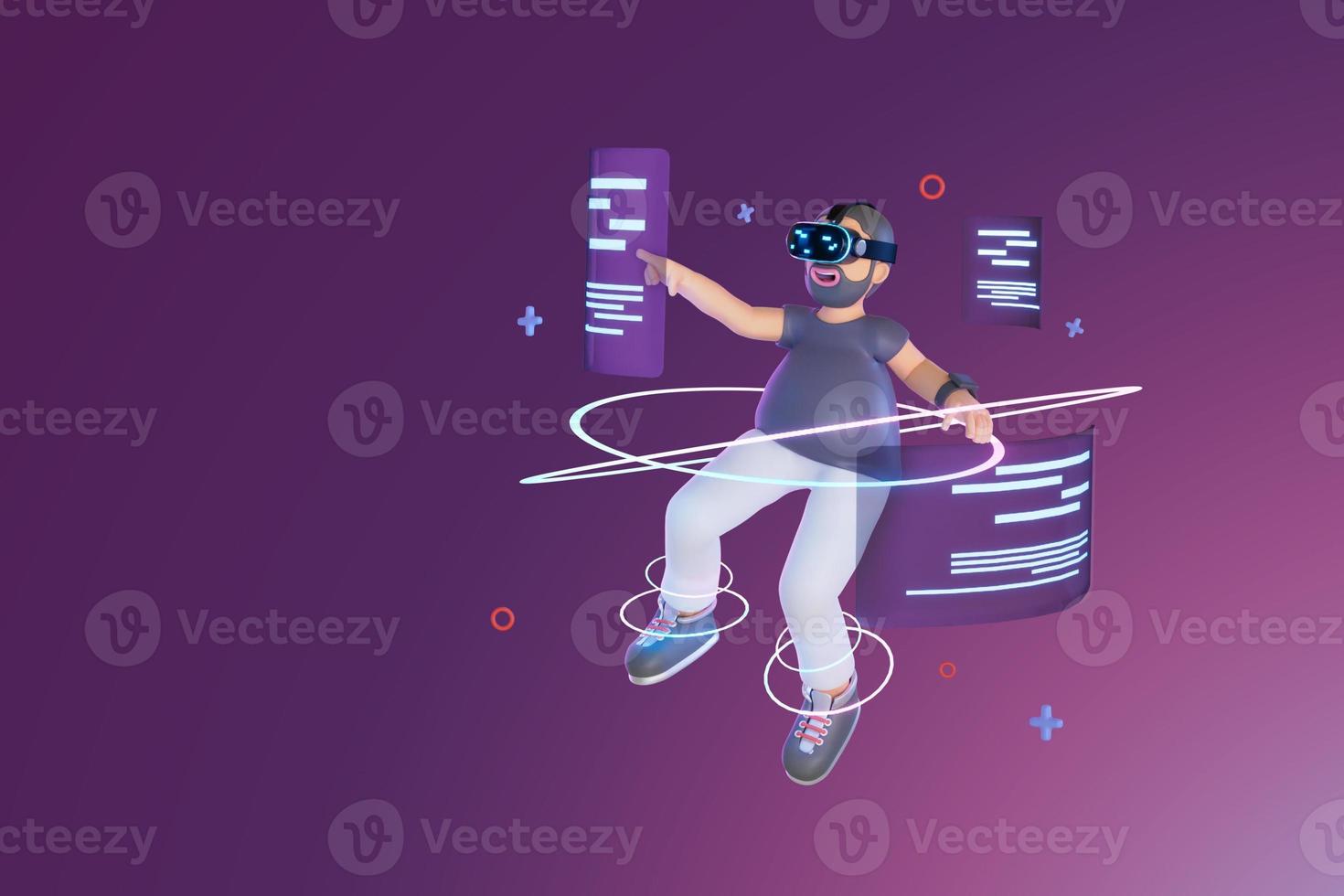 men wearing vr is pointing hologram menu window in metaverse world 3D, Render, illustration photo